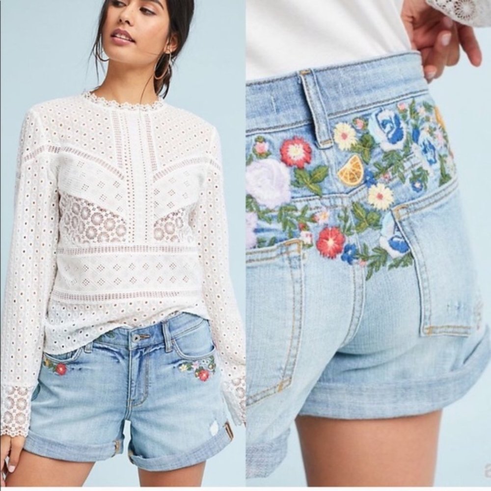 Anthropologie pilcro floral embroidered shorts